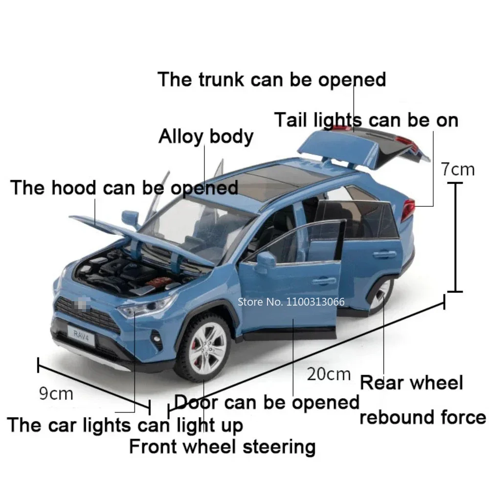 Scala 1:24 Pressofusione in lega RAV4 Highlander Auto Giocattoli Modelli Luce e musica SUV 6 porte aperte Veicoli Giocattolo Ragazzi Regali di compleanno