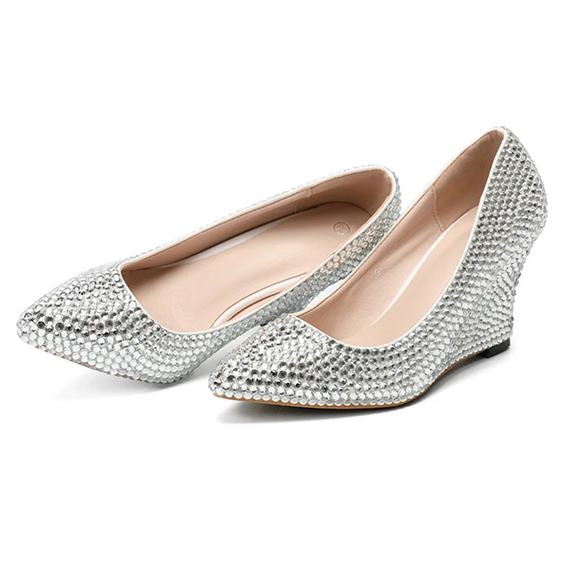 New Slope Heel Silver Water Diamond Single Shoes Shallow Mouth Pointed Shining Diamond Women's Wedding Shoes Banquet High Heels