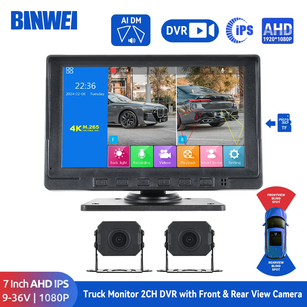 

BINWEI 7 inch Truck Car Monitor 2CH DVR Video 1920*1080p IPS Screen Recorder for Bus truck Reverse Backup Vehicle Camera 12-24V