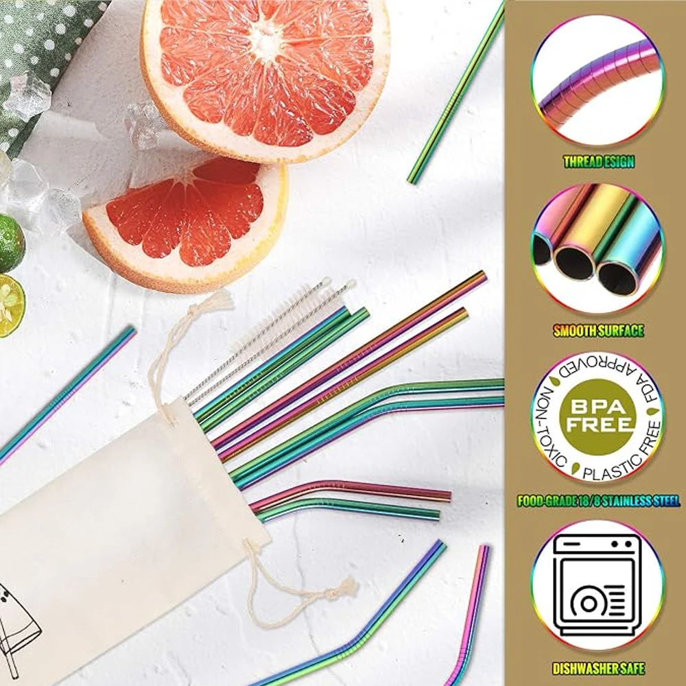 1-30Pcs Colorful Reusable Drinking Straw Metal Straws 304 Stainless Steel Straws with Brush for Bar Juice Bubble Tea Wholesale