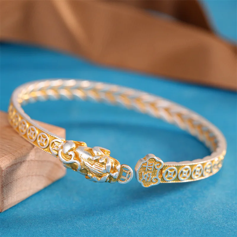 

999 Silver Cuff Bracelet with Gold Inlaid Mythical Pixiu Design Fashionable Jewelry for Men Women Couples Gift