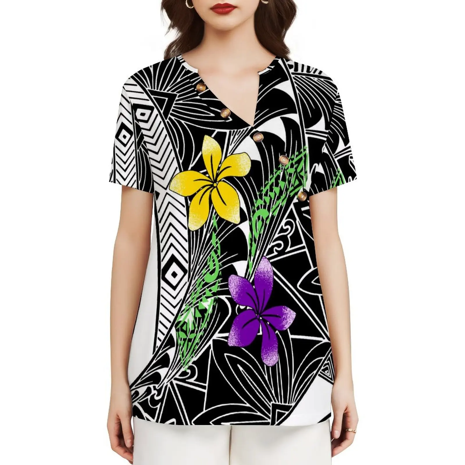 Samoa Style Diagonal Collar Button Design Short Sleeve Fijian Art Print Custom High Quality Polynesian Ladies TOP