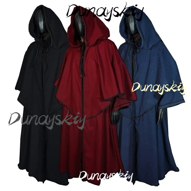 5 Colors Windproof Cosplay Cloak Long Cape Poncho Gothic Mens Monk Cos Hooded Halloween Death Mantles Adult Cosplay Customized