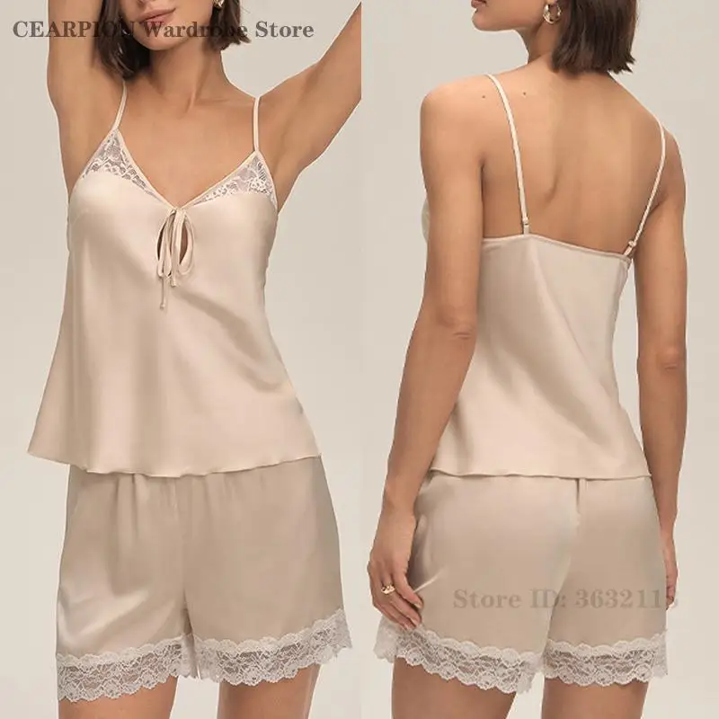 

Sexy Lace Female Lingerie Pajamas Set Summer Ice Silk Sleepwear Homewear Sweet Girl Pijamas Loungewear Strap Top&Shorts Pyjama