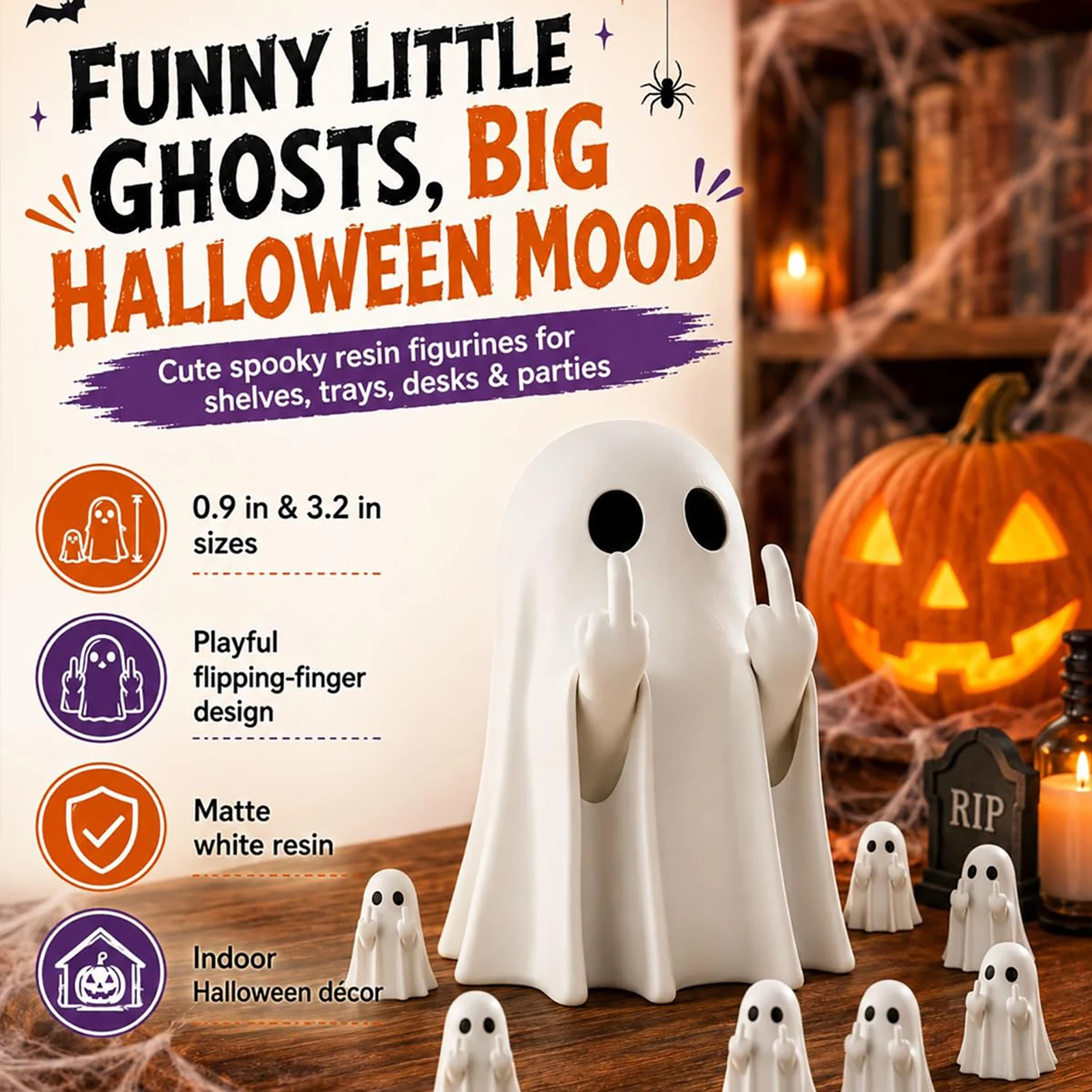 Halloween Middle Finger Ghost Statue Small Halloween Decor for Home Centerpiece for Coffee Table, Adorable Horror Figure