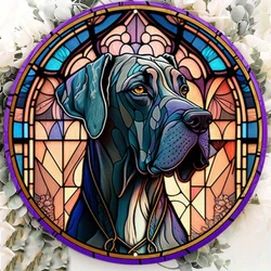 Aluminum Metal Sign, Faux Stained Glass Design, Round Wreath Shape, Great Dane Theme, Durable Signs for Wreaths