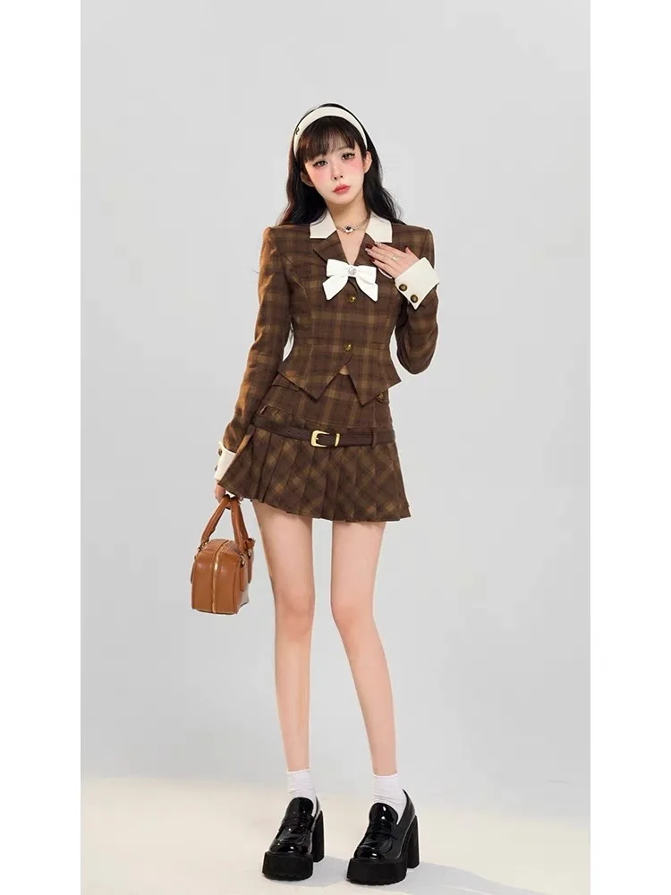 UNXX Autunno Stile College Contrasto Fiocco Nodo Plaid Maniche lunghe Blazer Gonna a pieghe Abiti con scollo a V Cappotto Gonna Due pezzi Set da donna