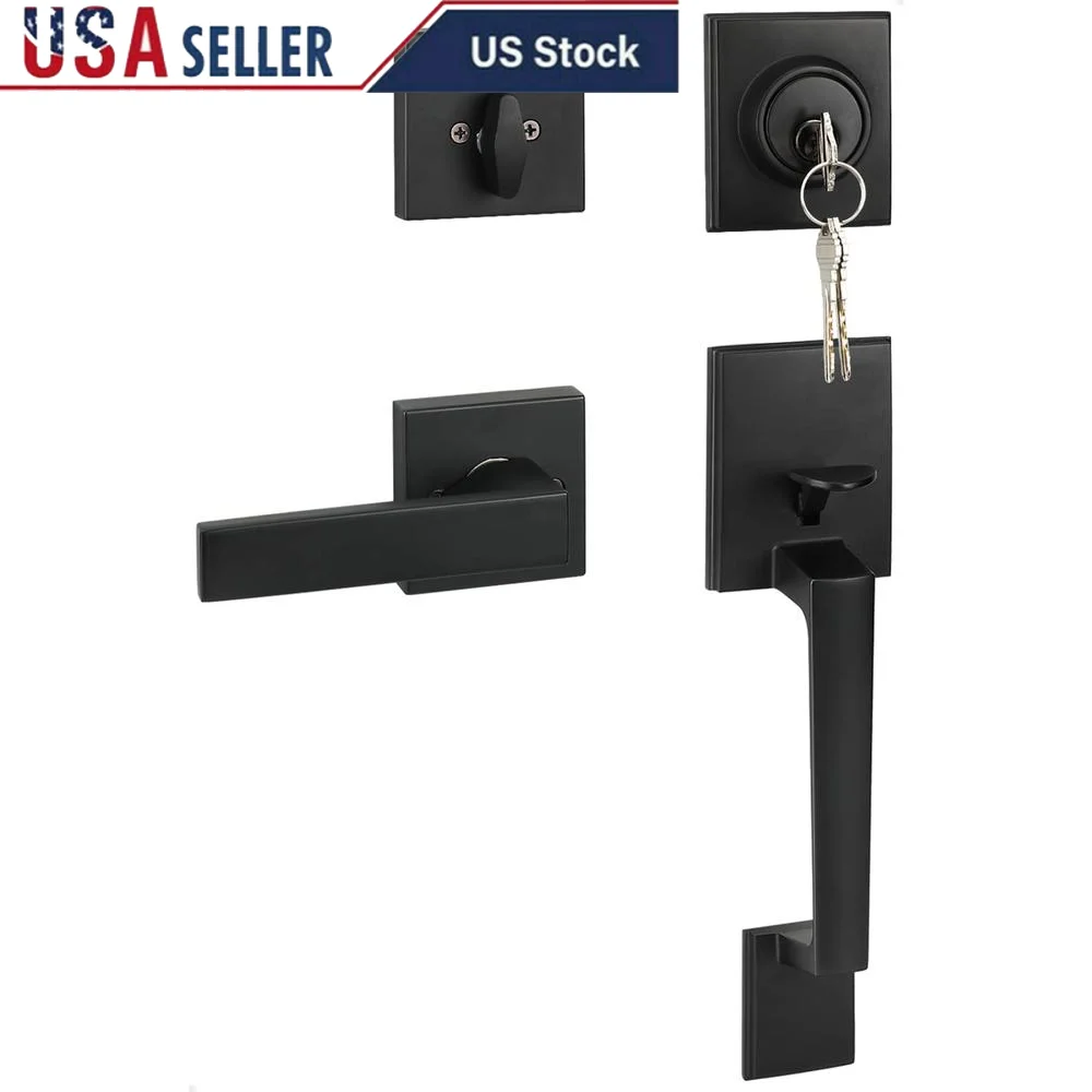 Black Front Door Handle Set with Reversible Lever Modern Hardware Single Exterior Entry Doors Adjustable Latch Right or Left