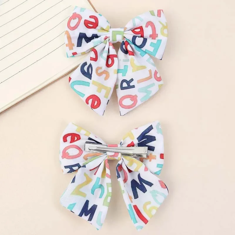 2PCS Back To School Bow Hairpin Ribbon Letter Print Hair Clip For Girls Handmade School Barrettes Kids Hair Accessories