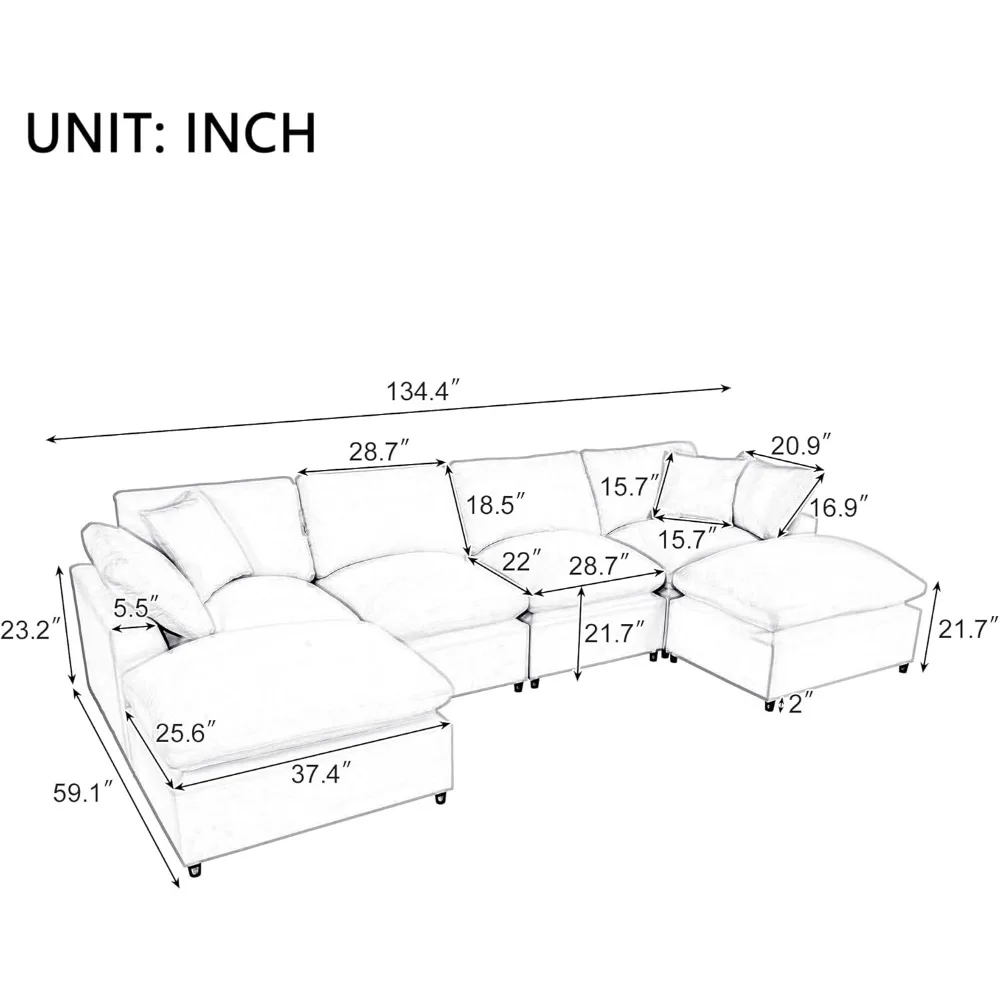 134.4 X 59.1'' U Shape Modular Sectional Sofa, Oversized Polyester Fabirc L Shaped Couch, Modern 6 Seat Corner Sofa Couch