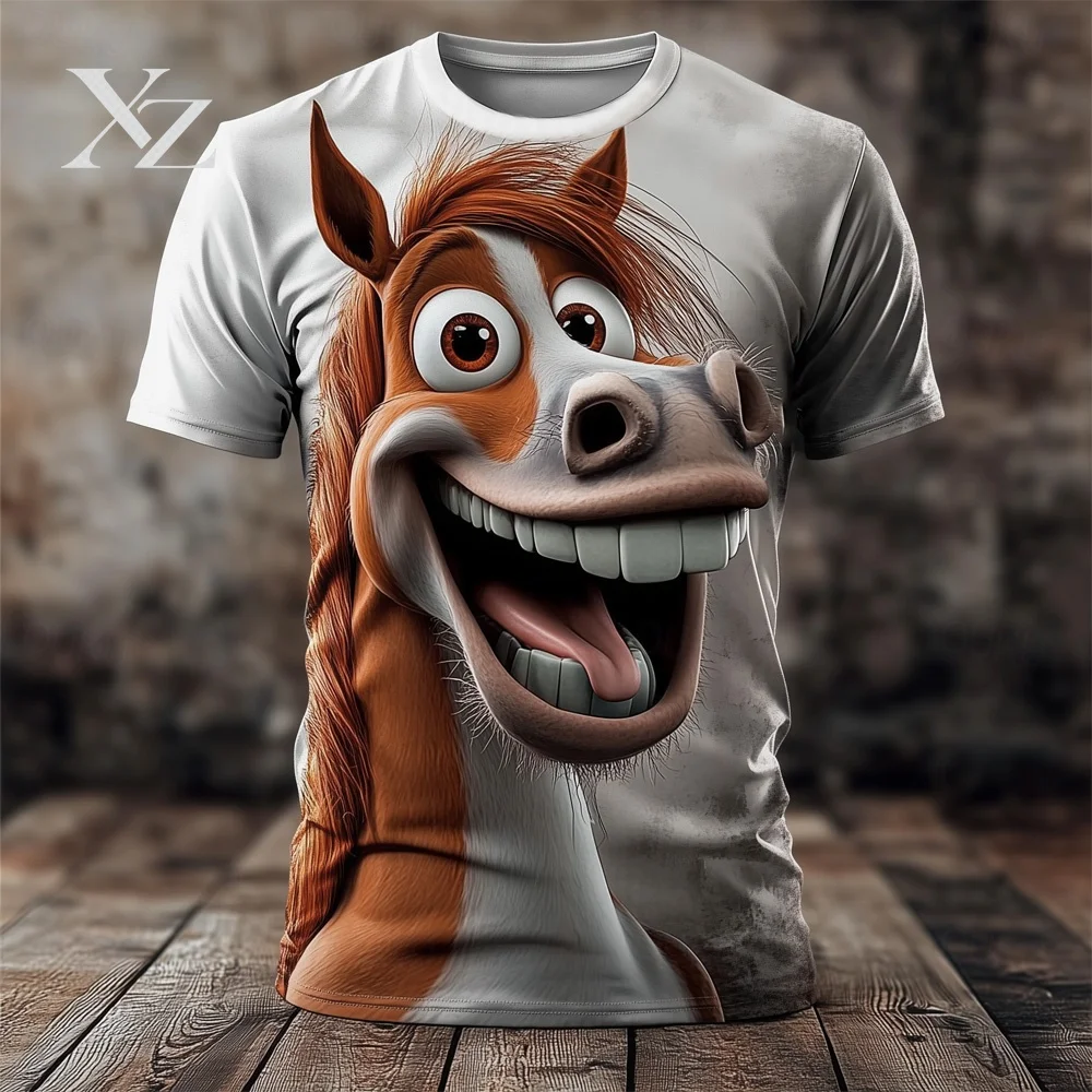 Premium Funny Horse T-Shirt 3D Animal Print Short Sleeve Tee, Exaggerated Party Top Casual Street Fashion Summer Clothing, Hot