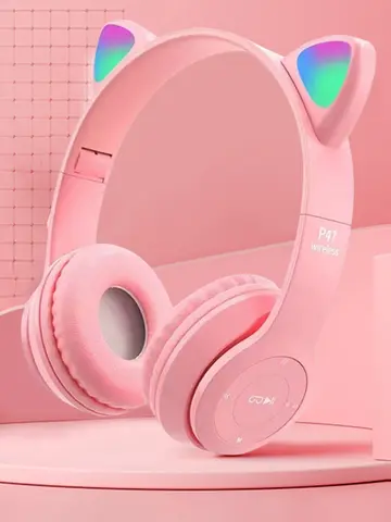 Cute Cat Ear Headphones with RGB LED Light Wireless Headset Kids Girls Stereo Phone Music Bluetooth Headset PC Gamer Gift