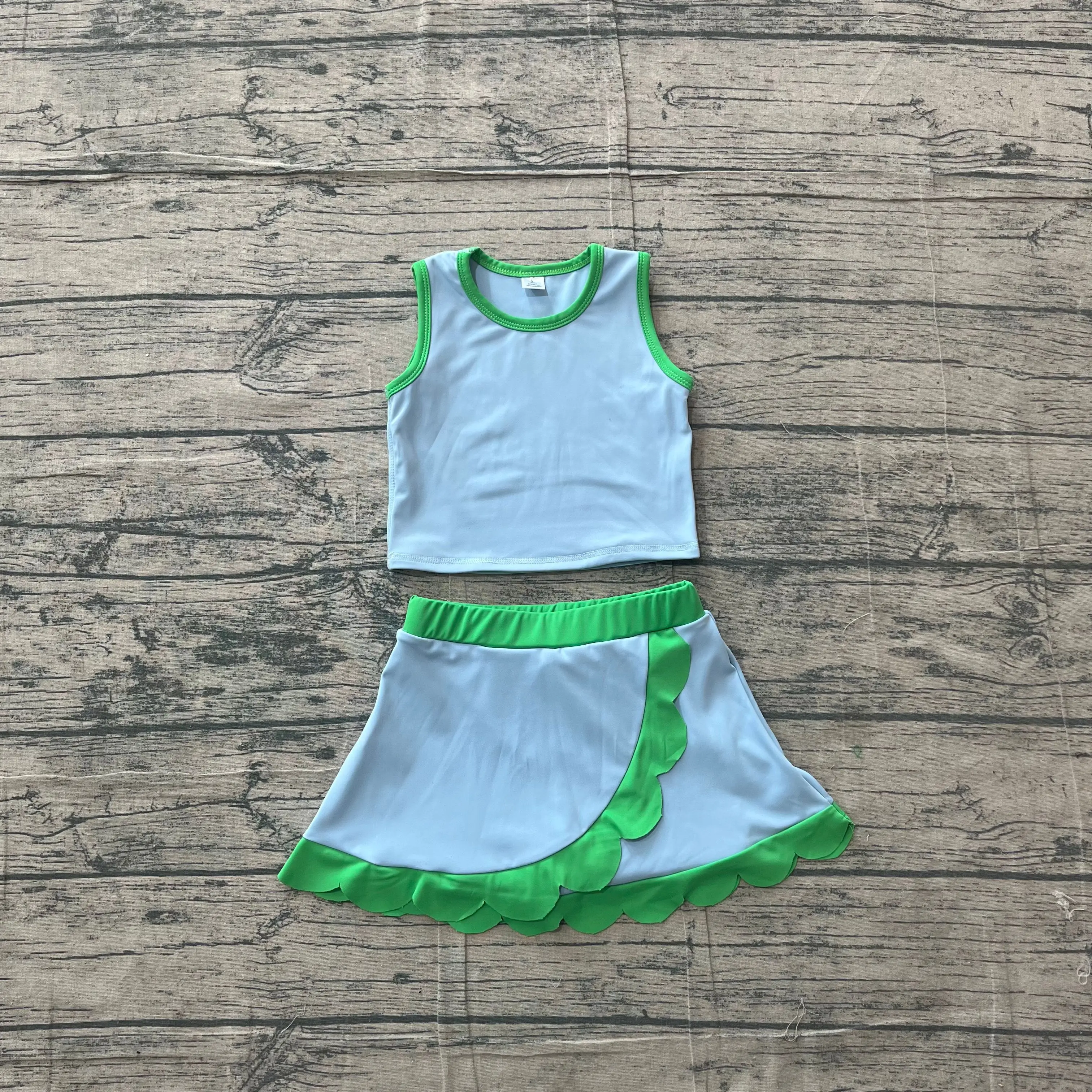 Wholesale Baby Girl Yoga Active Clothing Toddler Shirt Green Scalloped Skirt Shorts Kids Skort Set Athletic Summer Clothes