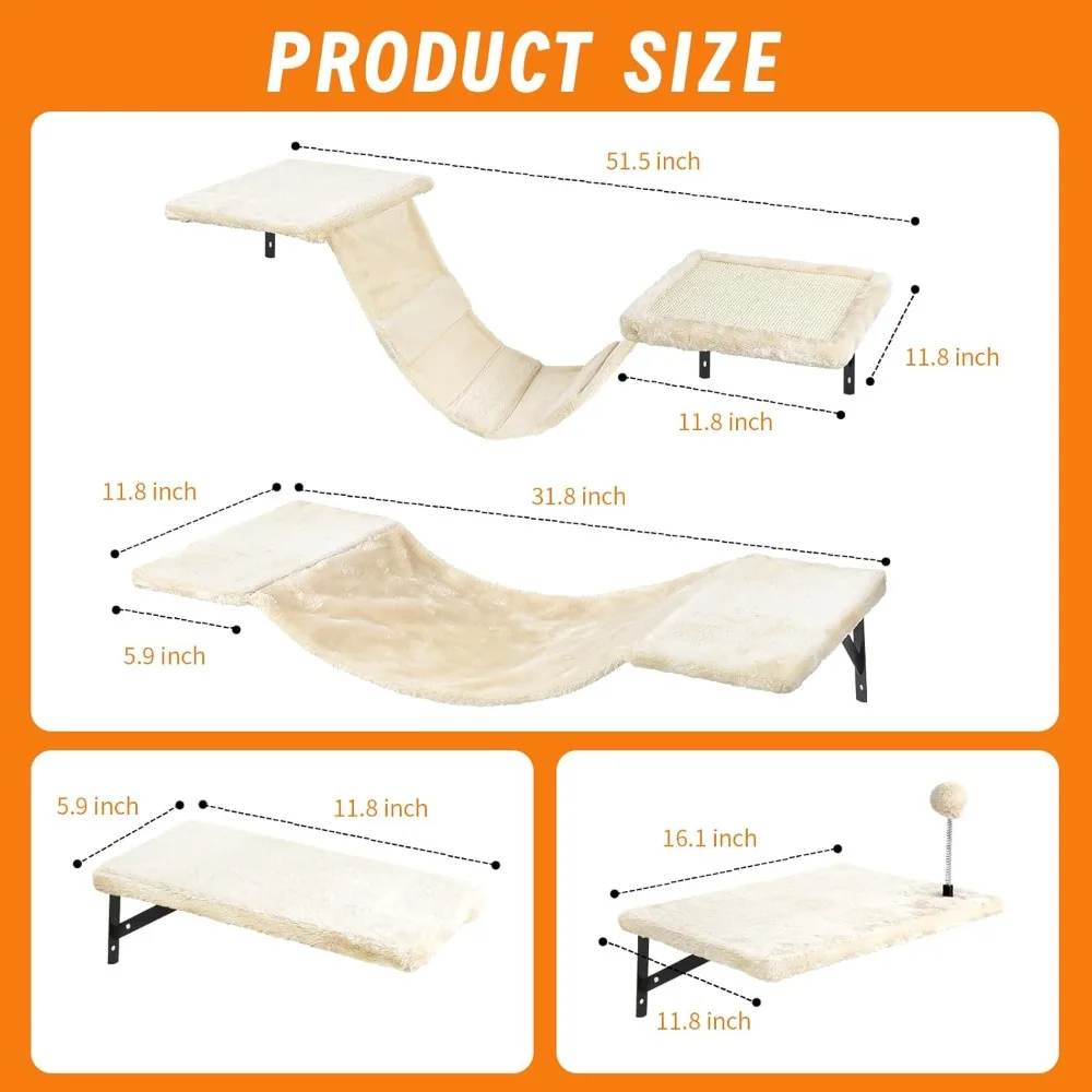 ติดผนัง Cat Climber ชุดชั้นวางปีนเขา, Perches, สะพาน, เปลญวน, Scratching Board & Ball - 7 ชิ้นไม้ในร่มแมว Furn