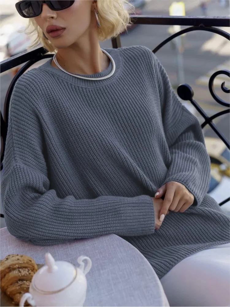 Casual Loose Solid Knitted Pullover Sweater For Women Long Sleeve O-neck Sweater Female Autumn Winter Warm Office Ladies Sweater