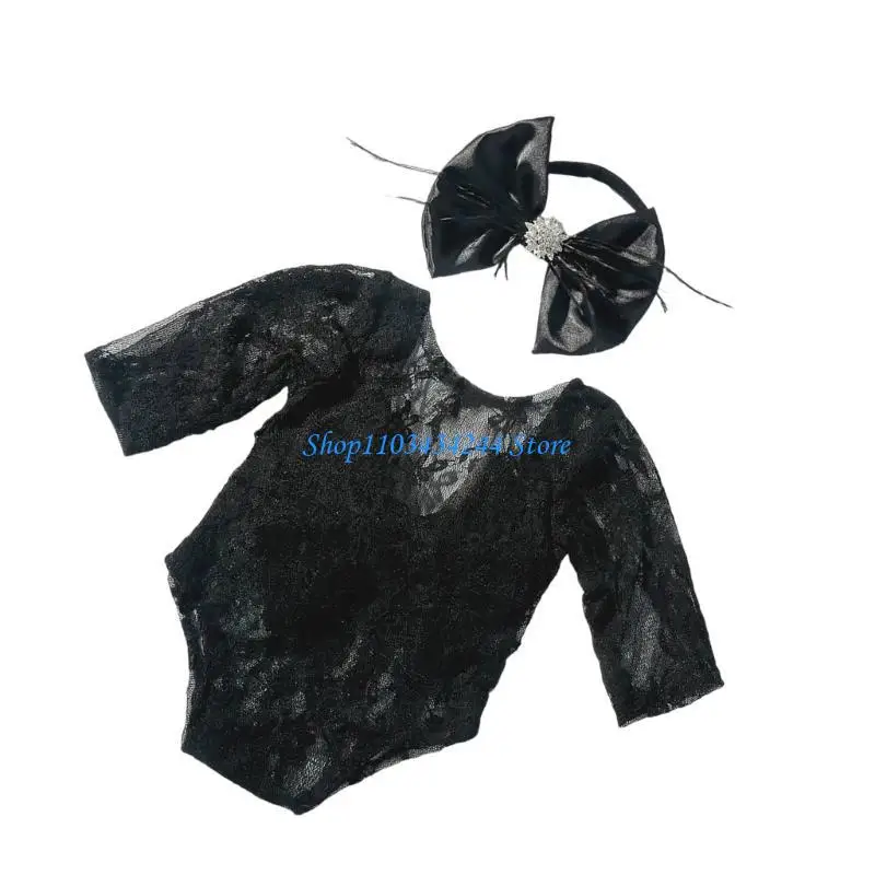 

Мягкий кружевной комбинезон и повязка на голову. Удобная одежда для уникальных фотографий новорожденных.