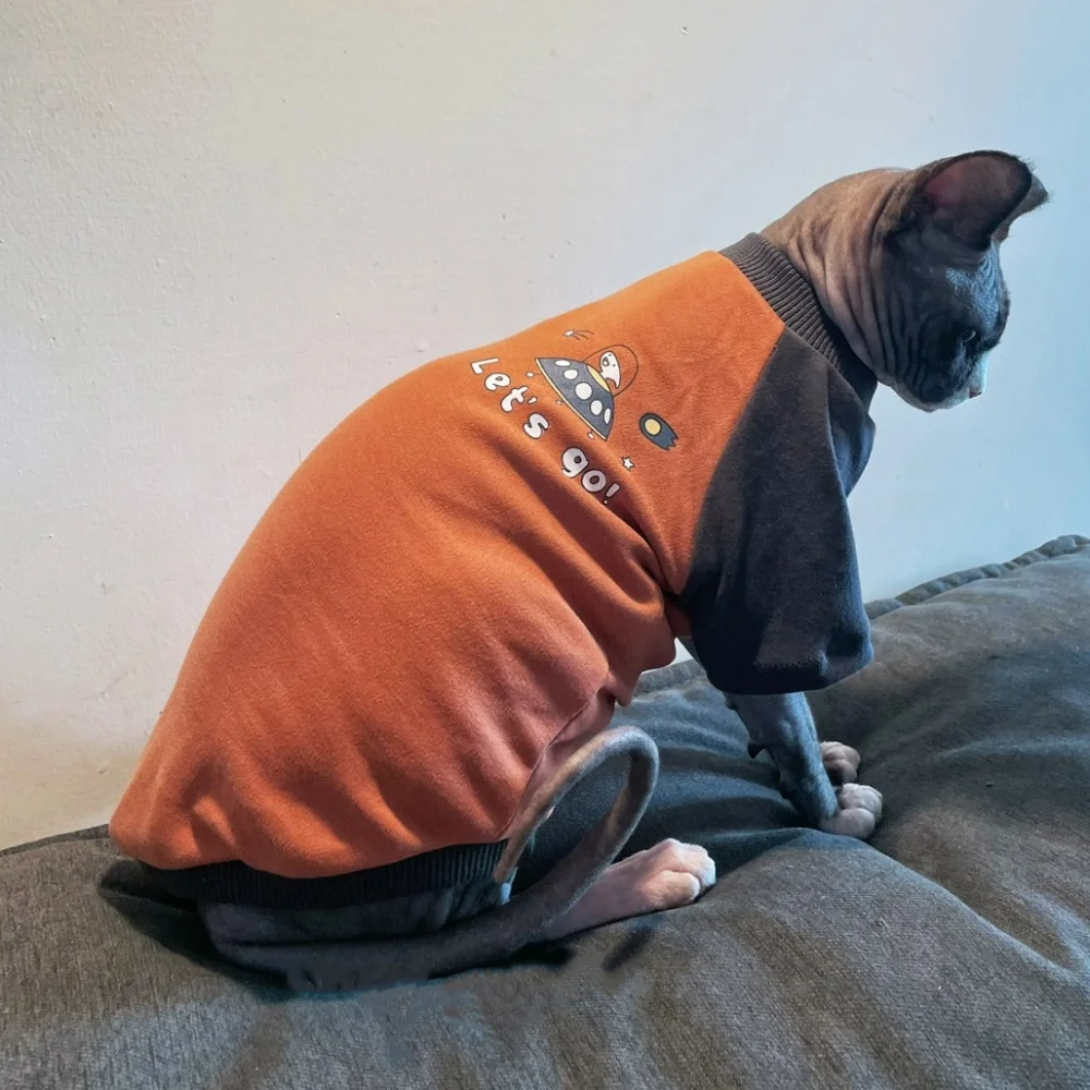 Soft Cotton Coat for Sphynx Cat Spring Long-sleeved Orange Cartoon Warm Sweatshirt for Devon Rex Autumn Pajamas for Kittens