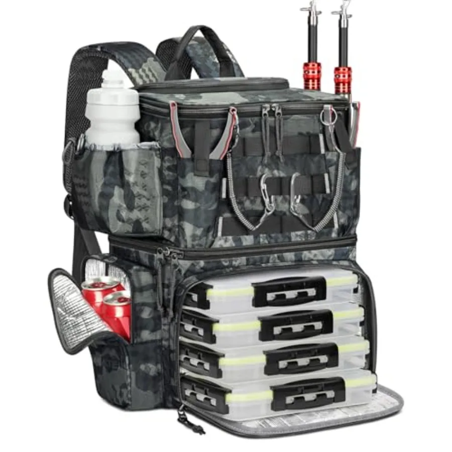 

Fishing Backpack with 4 Tackle Boxes, Fishing Bag with Rod Holder and Safety Compass and Cooler, Gifts for Fishermen