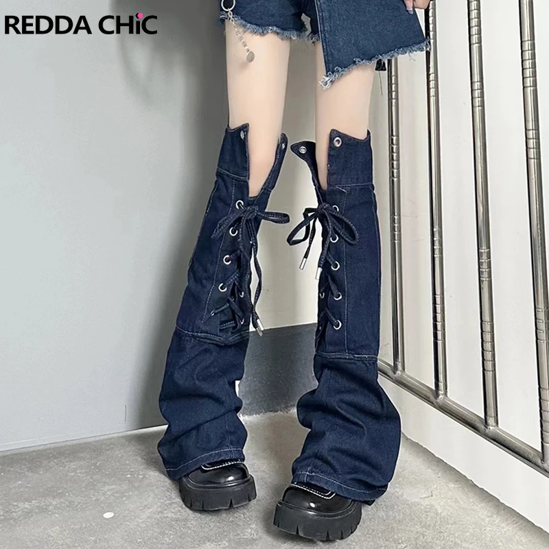 

ReddaChic Blue Wash Denim Leg Warmers for Women Embroidery Lace Up Thigh-high Boots Cover Japanese Girl Long Socks Y2k Vintage