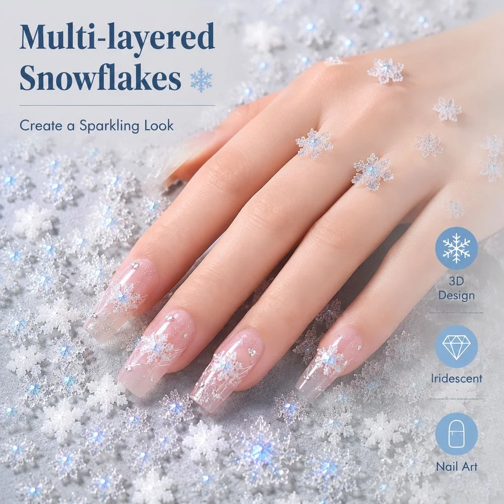 50Pcs White Blue Silver Snowflake Nail Charms Multi‑Size Resin 3D Ornaments For Christmas Party Press‑On Nails DIY Decoration