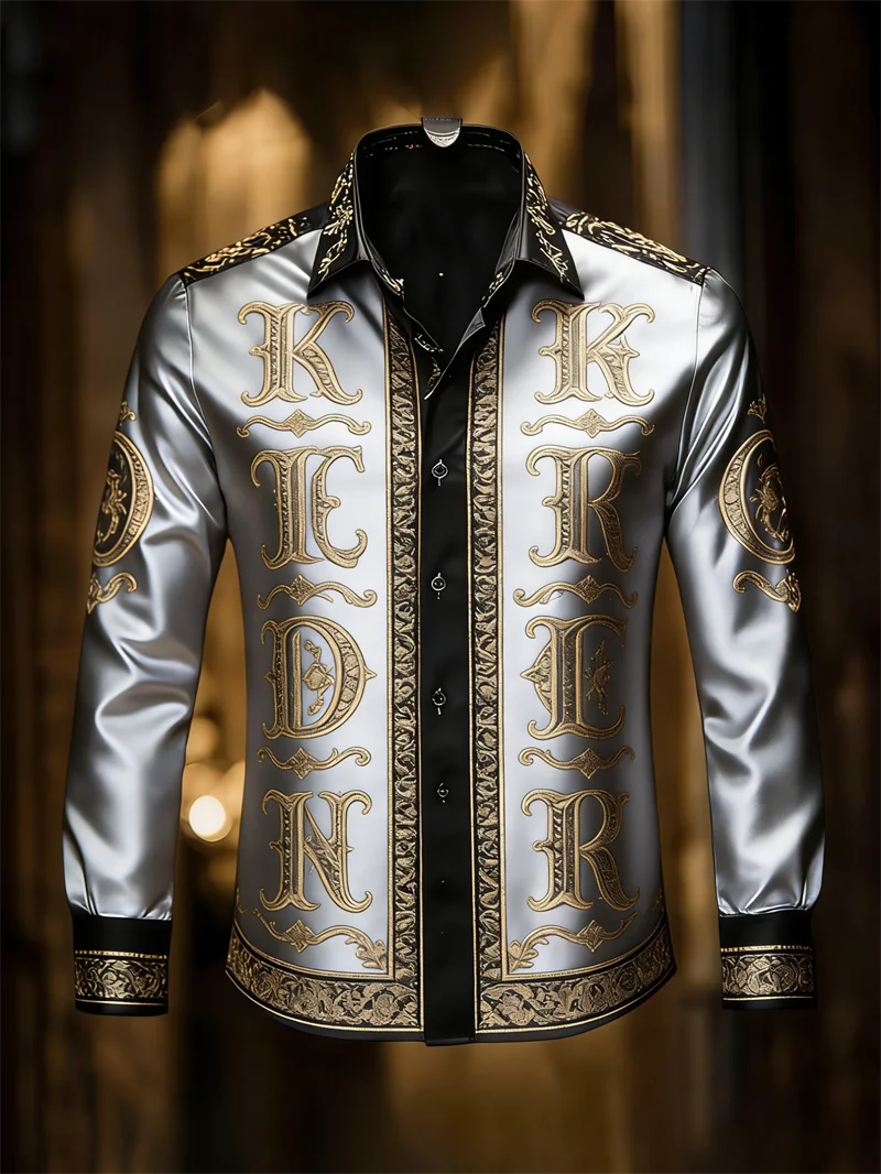 New Lake Blue Hot Stamping Retro Letter Men's Long Sleeved Shirt with Palace Style Slim Fit Business Shirt Clothing