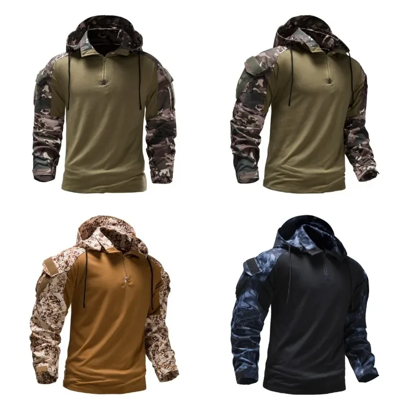 Autumn New Elastic European Outdoor Camo Hoodie with Detachable Pockets Long Sleeve Combat Suit