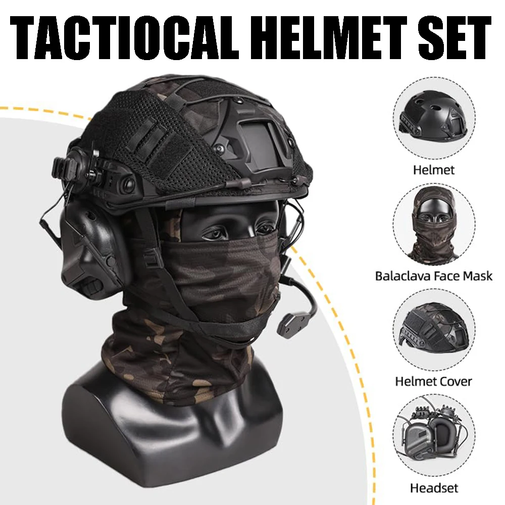 

Tactical Helmet with Shooting Headset,Adjustable Helmet with Helmet Cover & Balaclava Mask for Cosplay Airsoft Hunting Gear