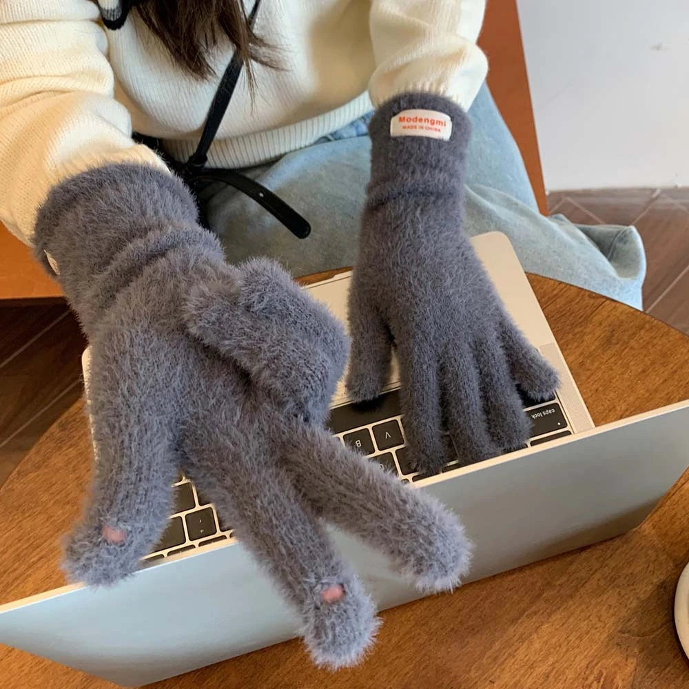 Y2K Soft Plush Finger Gloves Touch Screen Windproof Candy Color Gloves Faux Rabbit Hair Thickened Anti-cold Mittens Autumn