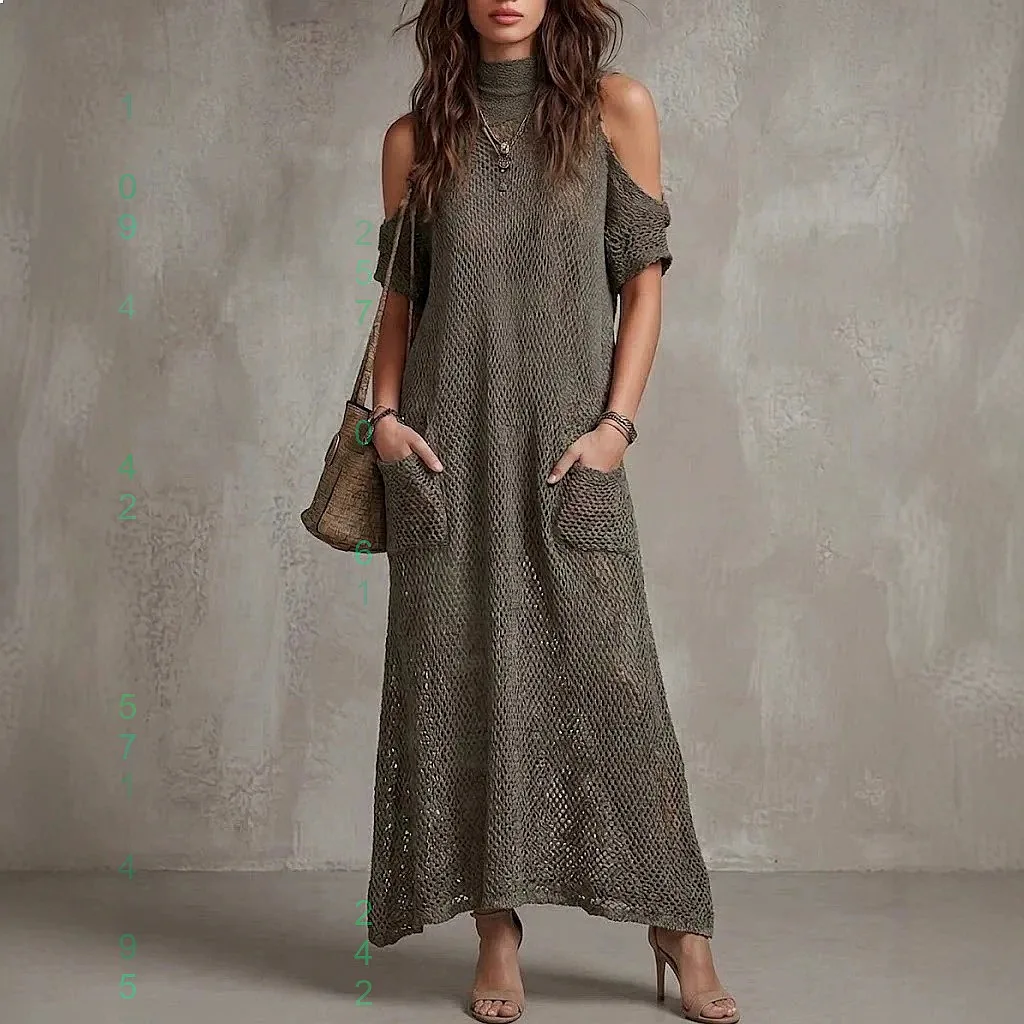 

Women's Knit Dress Long Sleeve High Neck Off Shoulder Pocket Solid Color Loose Retro Sweater Dresses