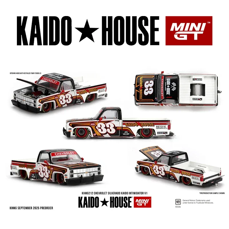 

Предпродажа KHMG 212%, 1:64 Chevrolet Silverado V1 KAIDO, интимный инжектор, открывающийся капот, литая под давлением модель автомобиля Kaido House MINIGT