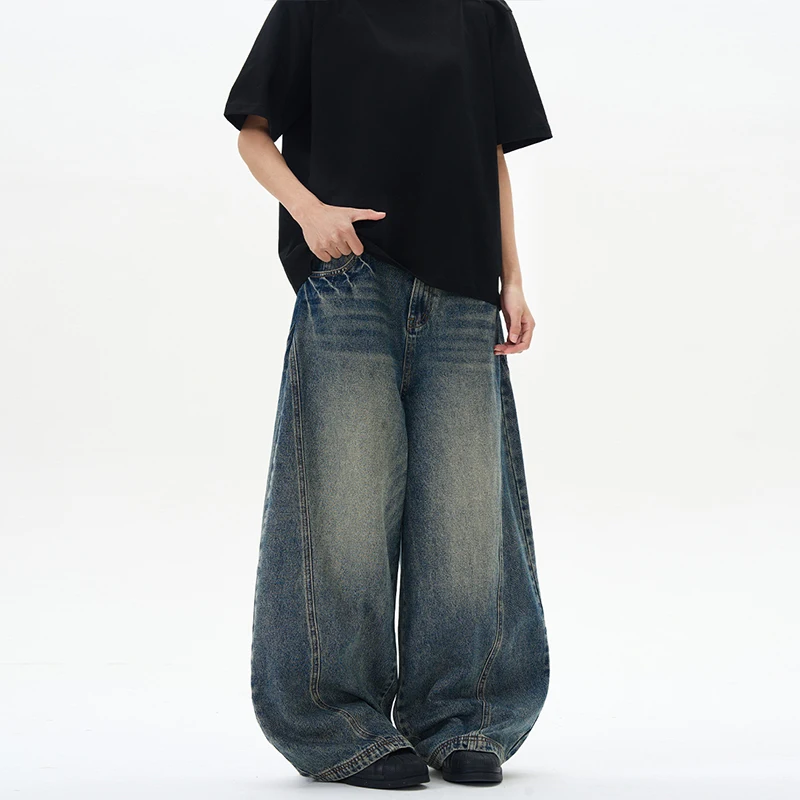 

2026 Spring New Men's Jeans Oversized Wide Leg Pants Loose Retro Patchwork Lightning Crack Denim Trousers Streetwear Men