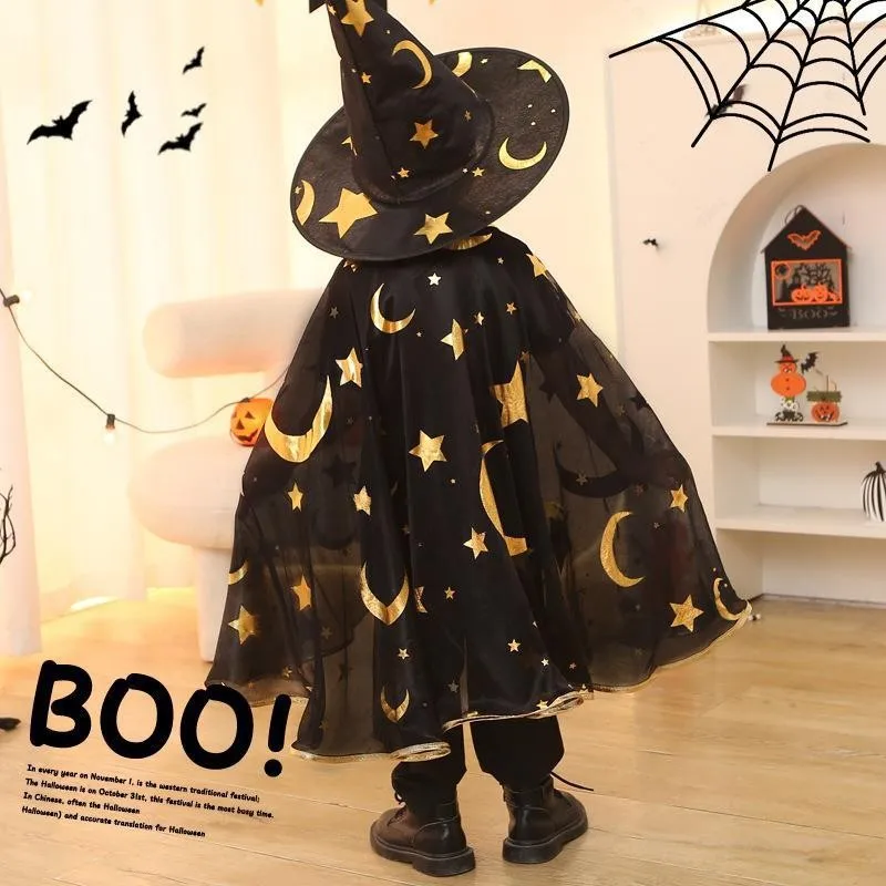 Boys Girls Wizard Cape with Hat Halloween Witch Party Costumes for Kids Children Cosplay Cloak Fancy Dress