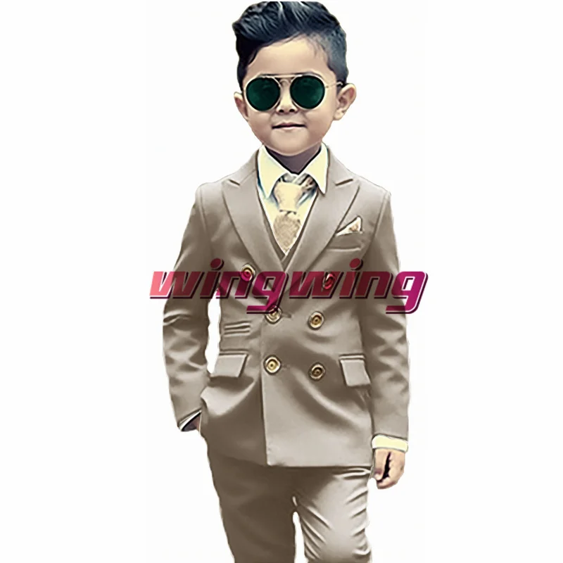 Green Boys Suit Wedding Two Piece Double Breasted Jacket Pants Fashion Gold Button Clothes Kids Blazer