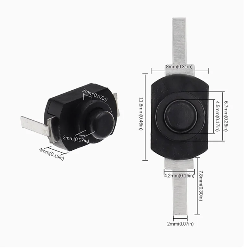 Flashlight switch 1208YD self-locking black bent foot/flat foot bipin 16340 button switch white copper foot