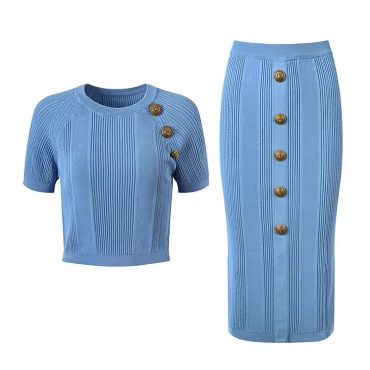 Vintage Slim Knit 2 Pcs Skirt Sets Women 2024 Summer Gold Buttons Short Sleeve Sweater + Pencil Long Skirt Outfits Matching Set