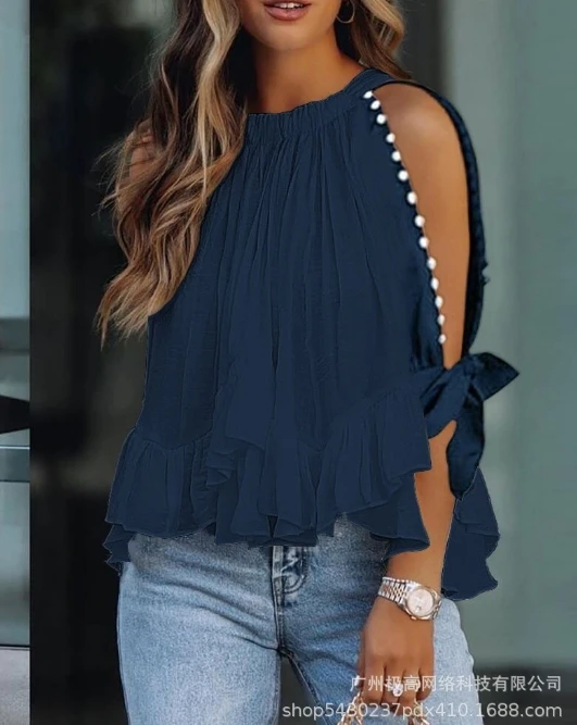 

Women's Elegant Top 2024 Summer Autumn Latest Cuff Beads Off Shoulder Strap T-Shirt Loose Fitting Round Neck Bat Sleeve Blouses