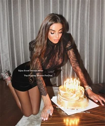 Xijun Sexy Velvet Lace Mini Wedding Dresses See-thru Long Sleeves Prom Dresses Club Night Cocktail Dresses Birthday Customized