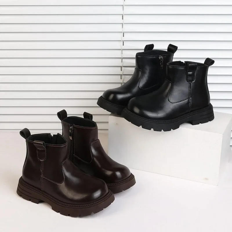 Kids Glossy PU Short Ankle Boots Side Zipper Design Thick Lug Anti Slip Little & Big Boys Girls All Match Daily Walking Shoes