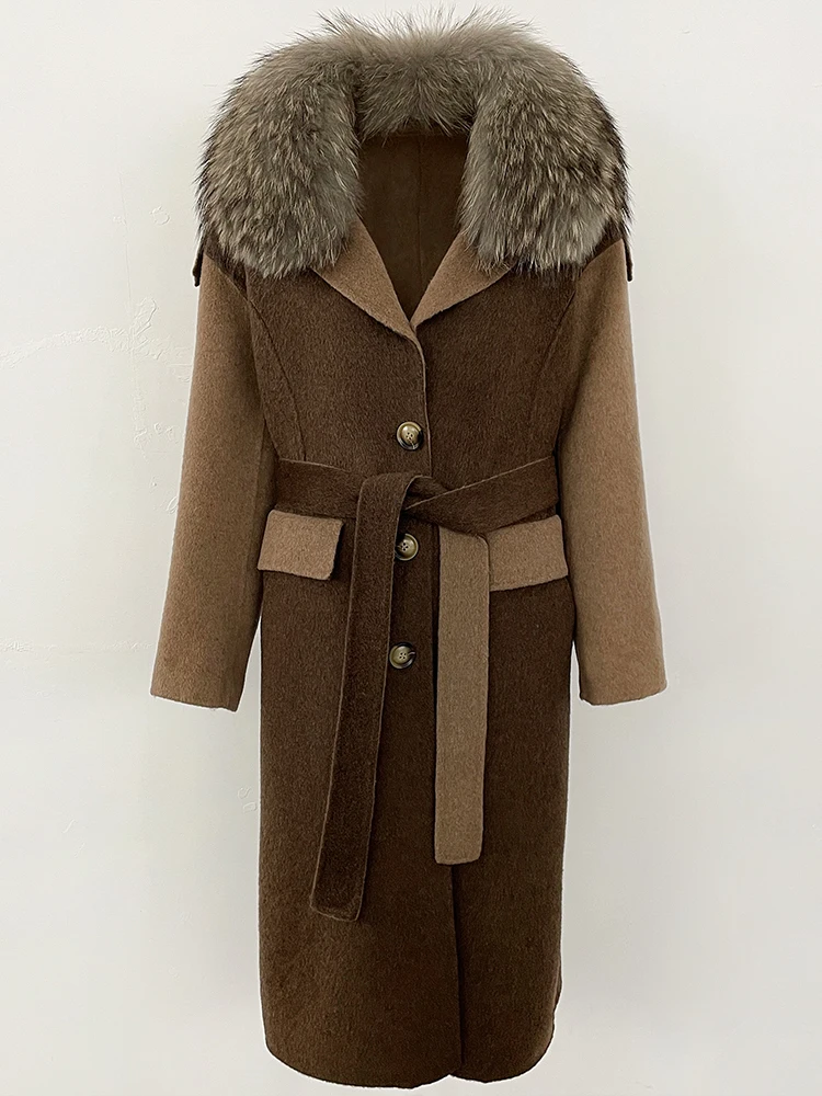 2025 nova moda outono inverno roupas femininas real pele de raposa jaqueta de lã feminino longo retalhos dupla face casaco de caxemira de lã