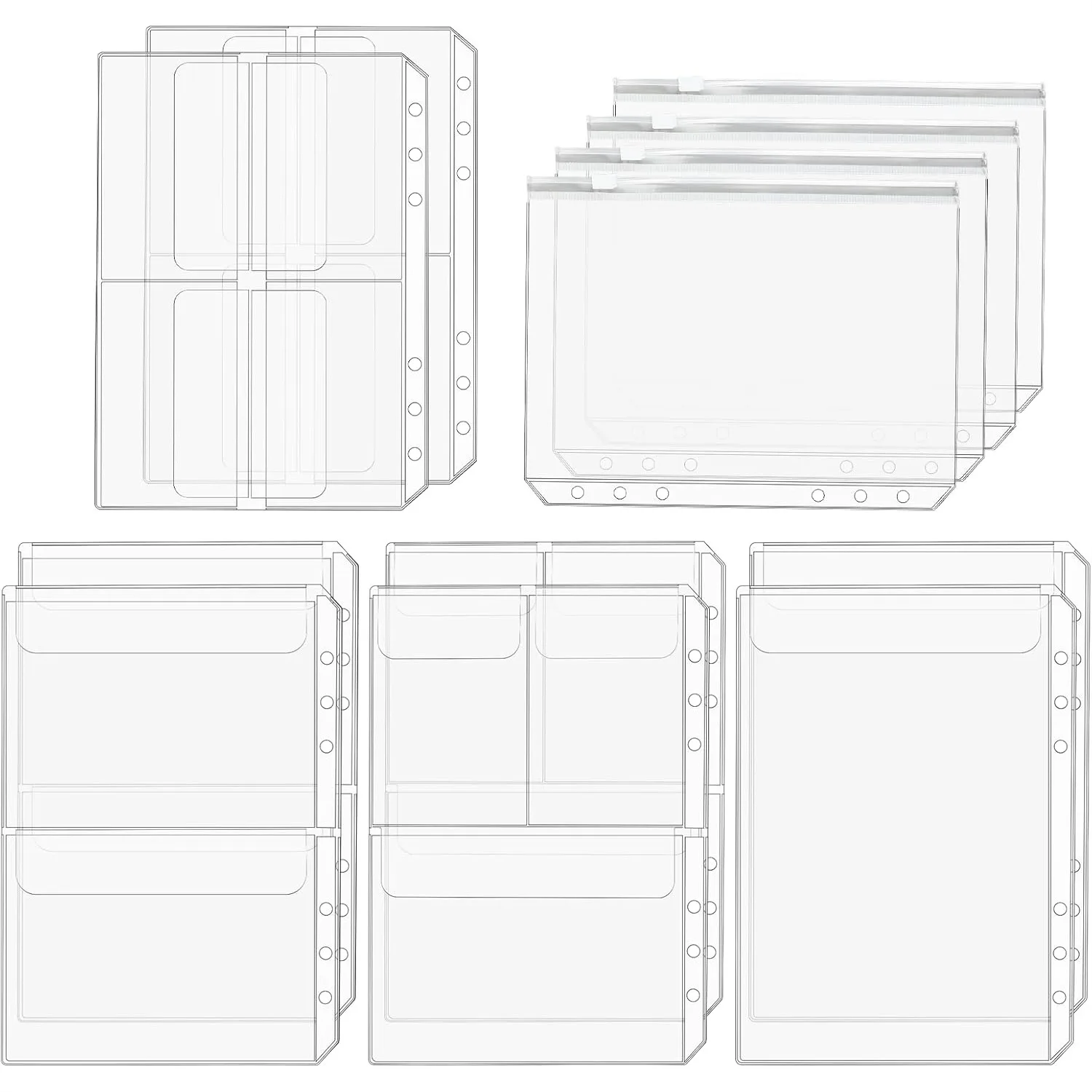 

12PCS A5 Zipper Binder Pockets for 6-Ring Notebook, Clear Document Filing Bags for Home Office School Travel