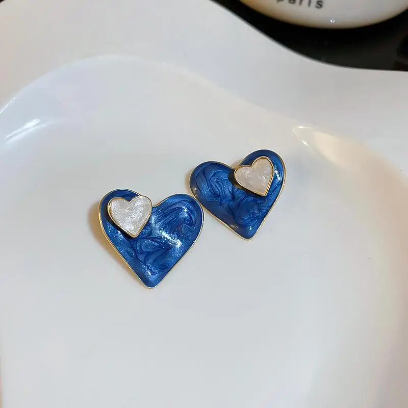 Blue Enamel Oil Hollow heart Earrings for Women Personality Fashion Geometry Drop Earrings Simple Korean Jewelry Gift