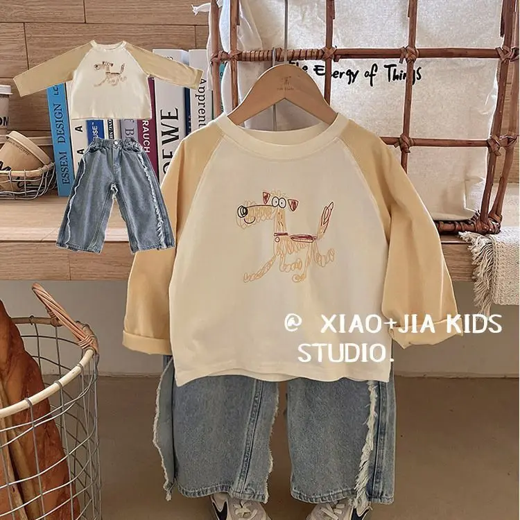 Autumn Children Boys Long Sleeves Dog Pattern Raglan Sleeve Infant Baby Boys Pullovers Round Collar Spliced Toddler Kid Boy Tops