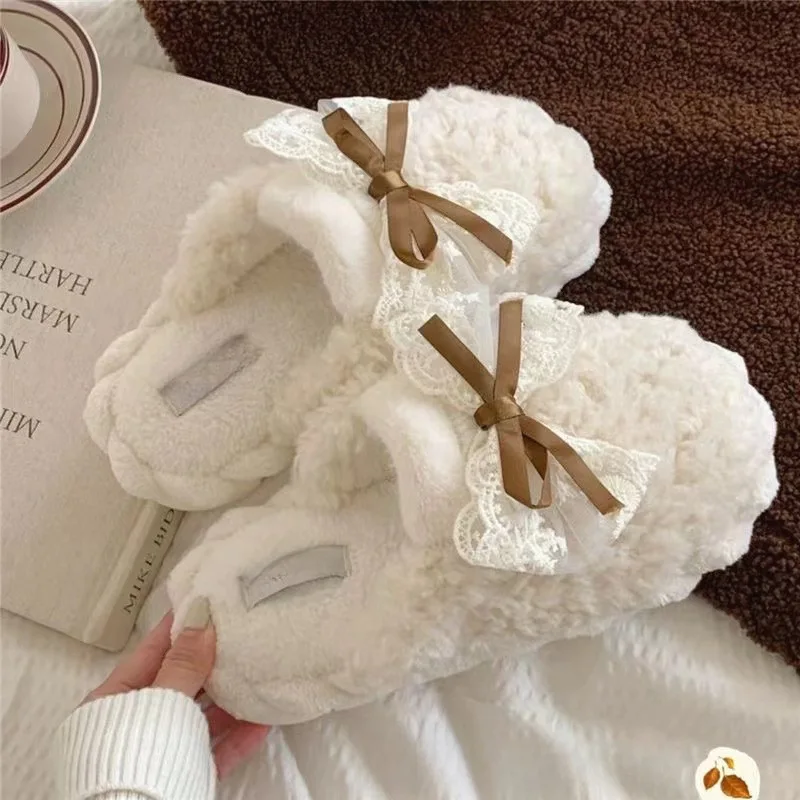 2026 New Winter Warm Slippers For Women Thick-Soled Household Slippers Cute Bow Non Slip Soft Home Shoes Indoor Plush Slipper