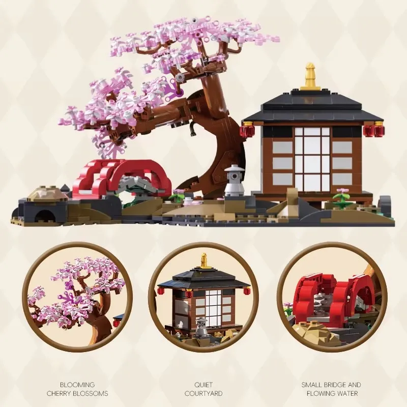 MOC Japanische Sakura Haus Kirschblüte Bausteine Set Zen Garten Baum Blume Hütte Ziegel DIY Spielzeug Kinder Geburtstag Geschenke