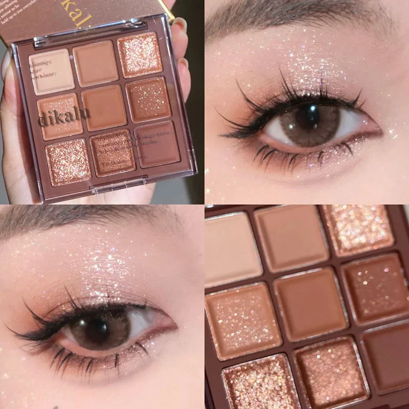 Paleta de Sombras com 9 Cores, Sombra Chocolate, Fosco Perolado, Cor Terra, Lantejoulas Brilhantes, Pigmentos para os Olhos, Maquiagem Duradotiva