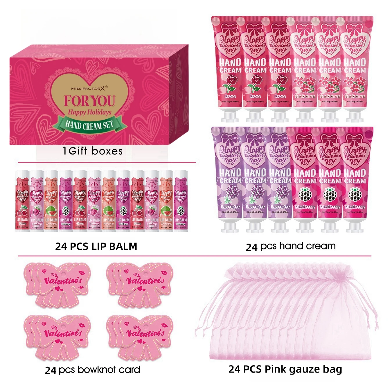 

96-piece gift combination: Lip balm and hand cream combination with pink gift card and Organya bag - perfect for wedding, Mother