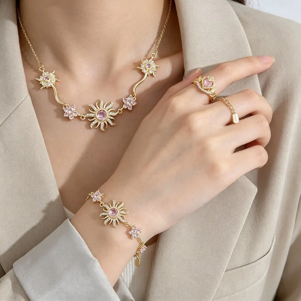 1 Set AENSOA Damen Schmuckset aus Kupfermaterial, Armband, Halskette und Ringe, zierliche Zirkon-Handkette, klassisches romantisches Schmuckgeschenk – Detail 3