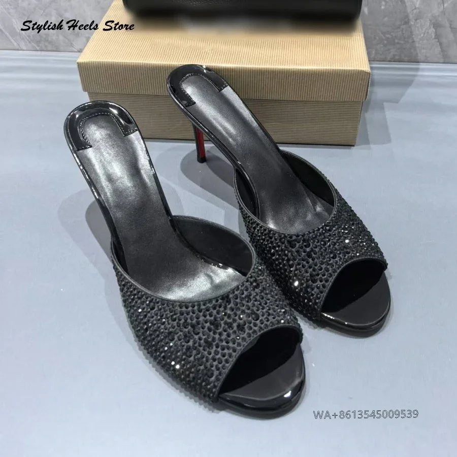 Stylish Crystal Strass Stilettos Luxury Peep Toe Thin Heels Slippers Elegant Women's High Heels Catwalk Runway Modern Slippers