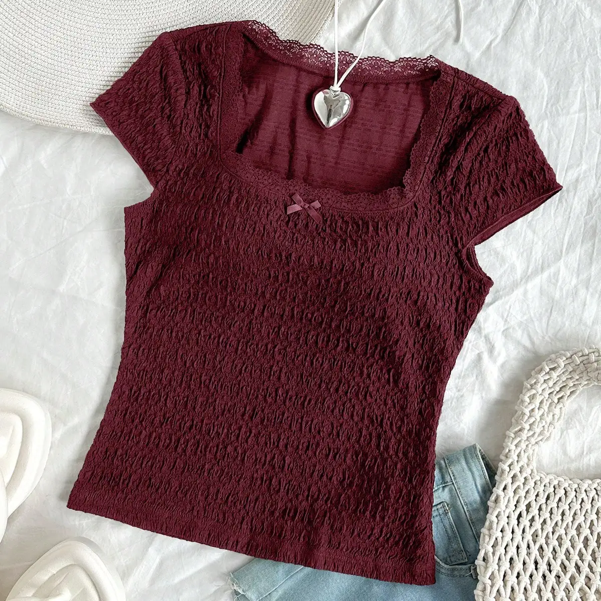 Europe and the United States fresh girls pure desire lace sexy low-cut round neck slim stretch short-sleeved T-shirt top