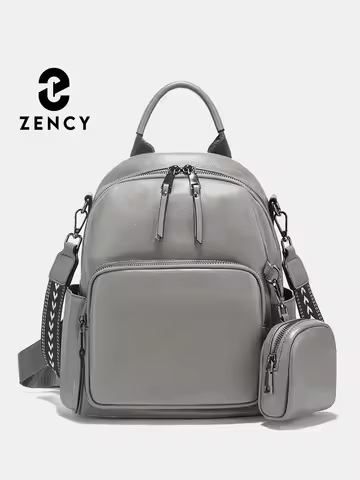 Zency New Genuine Leather Women's Backpack Knapsack Multi-pocket Shoulder Bag 2025 Cowhide Leather Rucksack with Zip Coin Bag